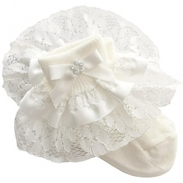 Girls Ivory Lace Ribbon & Diamante Bow Socks